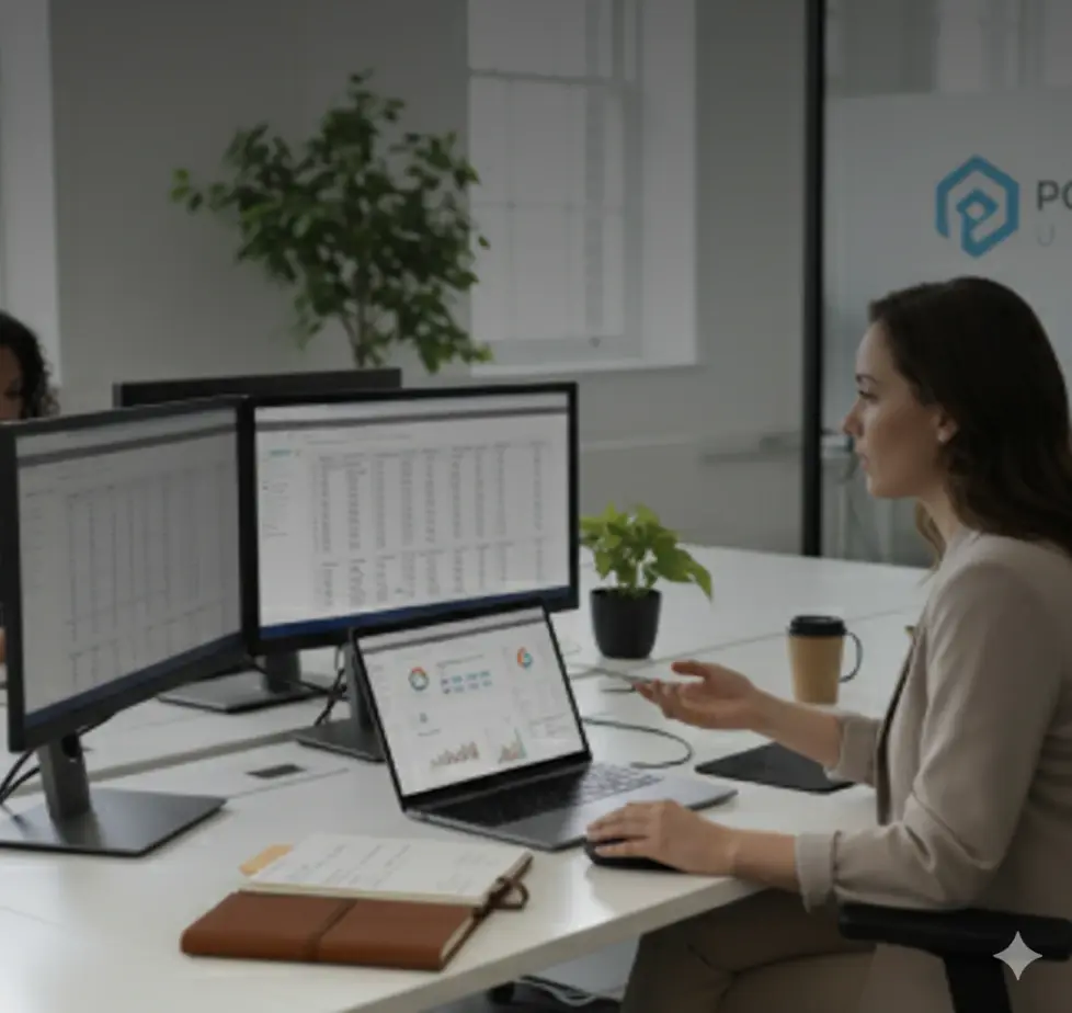 Woman working at desk with dual monitors, laptop, and coffee cup.