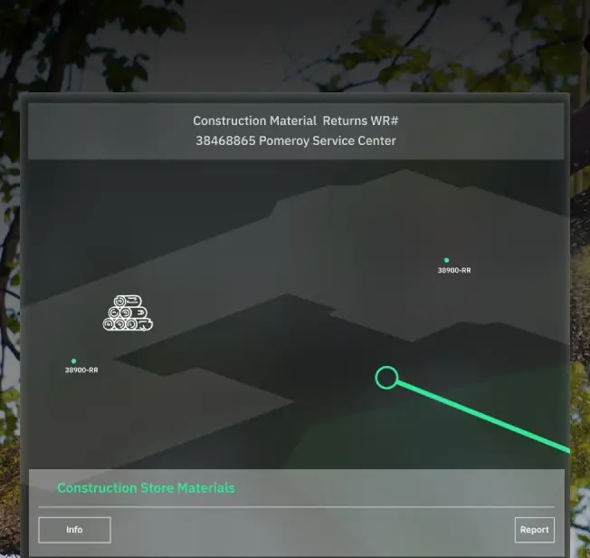 A digital interface displays a construction material return record with a work request number, service center location, and a map-style layout showing material icons and reference points. Buttons for “Info” and “Report” appear at the bottom.