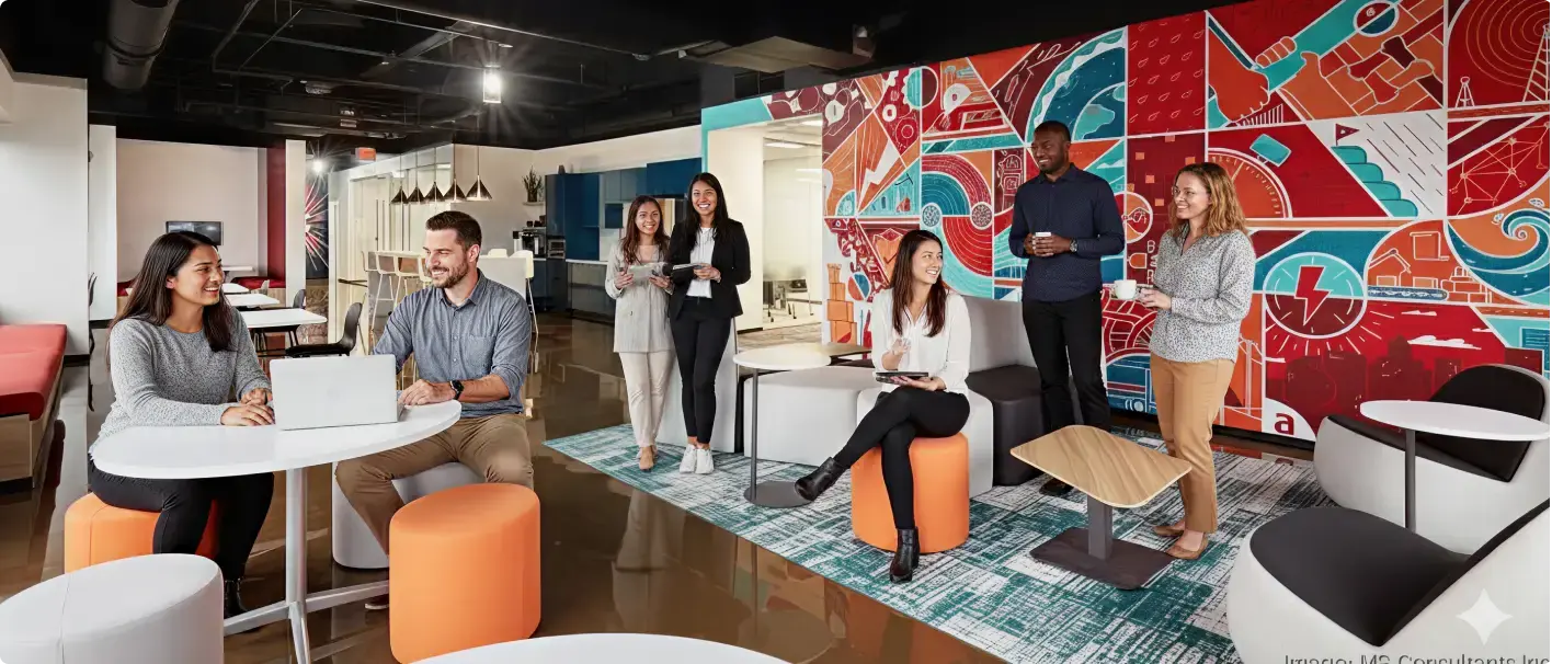 A modern office space with a colorful mural, featuring six individuals engaged in discussion around tables with various seating options.