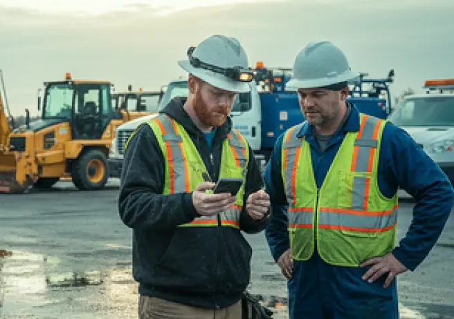 Two construction workers wearing safety vests and hard hats examine something on a phone at a worksite with heavy machinery.