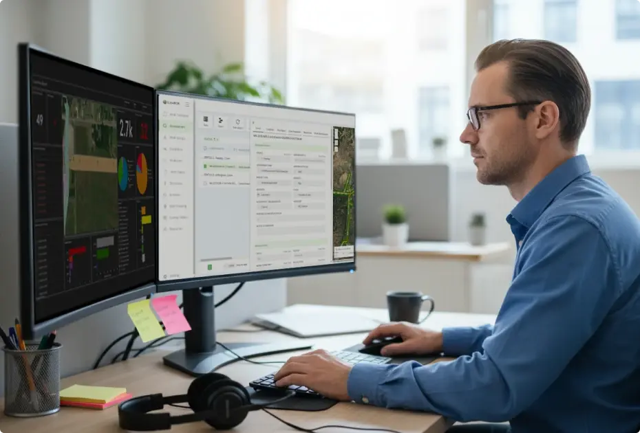 Man working at desk with dual monitors displaying data analytics and geographic information.
