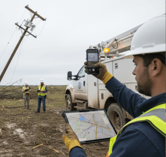 Utility workers assess damage to downed power lines with GPS devices.