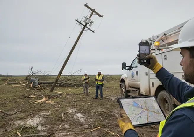 Utility workers assess damage to downed power lines with GPS devices.