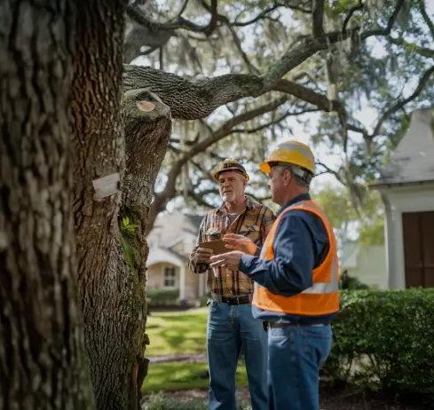 Two men examining a tree with safety gear; one holds a clipboard.