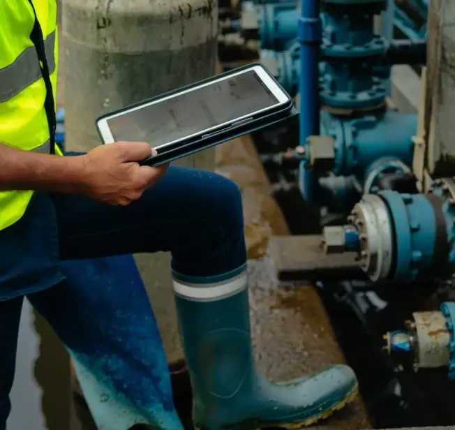 A field worker wearing waterproof boots and a high-visibility vest uses a tablet while inspecting industrial water valves and piping in a wet utility facility.