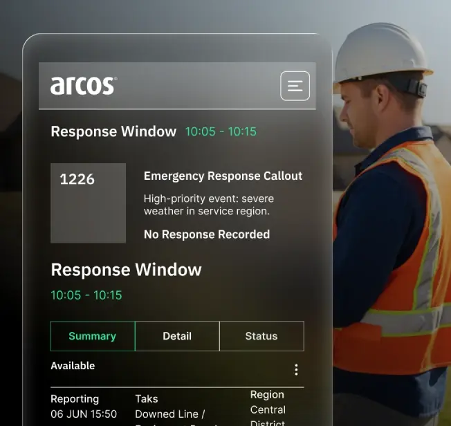 A utility worker stands outdoors while a mobile interface displays an ARCOS emergency response callout, including response window times, event details, and tabs for summary, detail, and status.