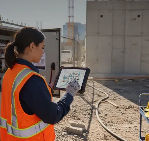 Woman in safety vest using tablet at construction site.