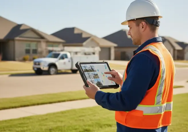 Worker in safety gear using tablet near residential area.