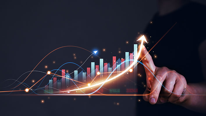 A finger tracing an arrow going up on a 3D bar graph