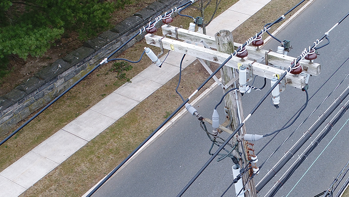 Birds eye view of a power transmission pole