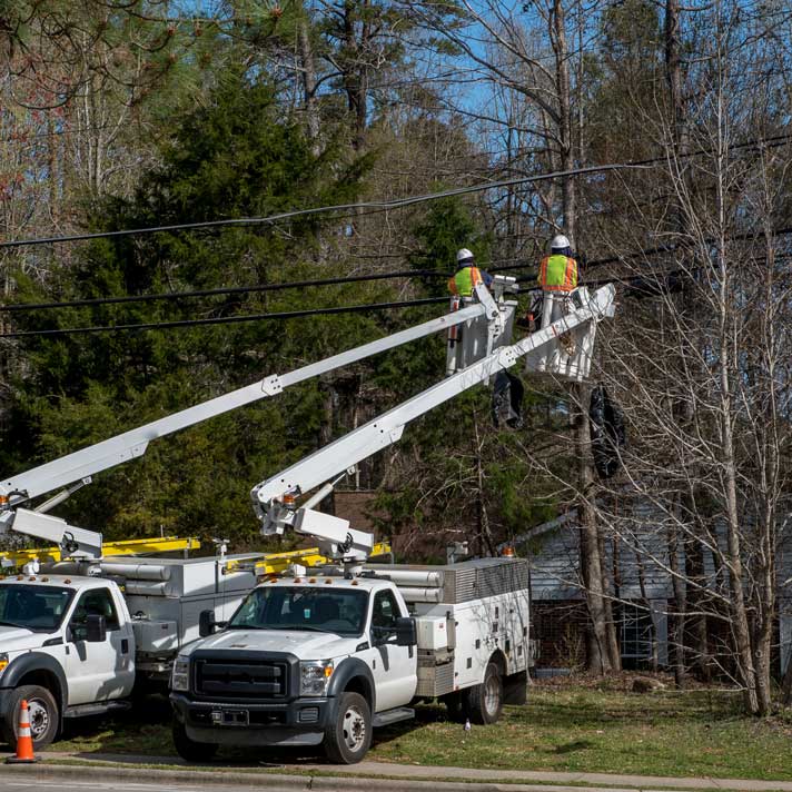 Two electrical workers in cherry pickers working on a power line stuck in trees