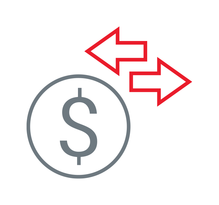 An icon of a gray dollar sign with red arrows pointing in opposite directions next to it