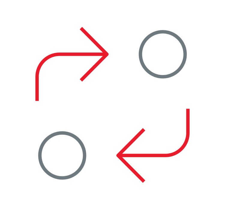 An icon of two grey circles with red arrows circling them