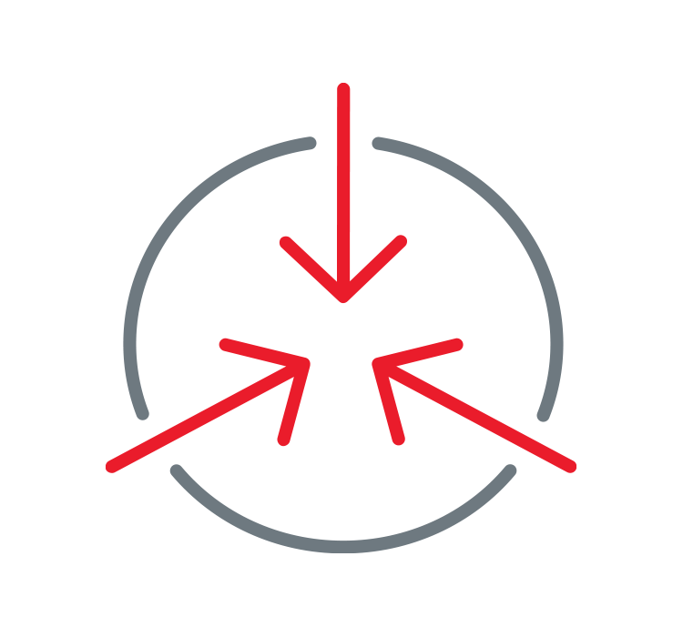 An icon of three red arrow converging on a gray circle