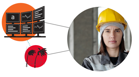 Three circular graphics, each containing images of damage assessment work being completed with ACROS workforce management solutions